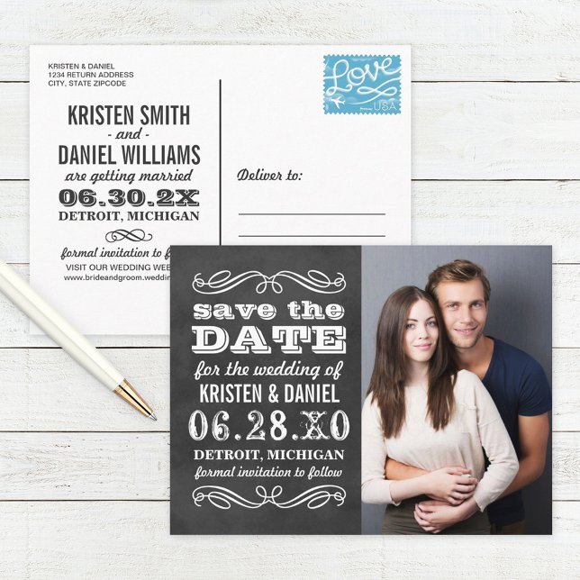 Chalkboard Split Photo Save the Date Announcement Postcard (Creator Uploaded)