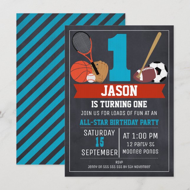 Chalkboard Sports 1st Birthday Party Invitation (Front/Back)