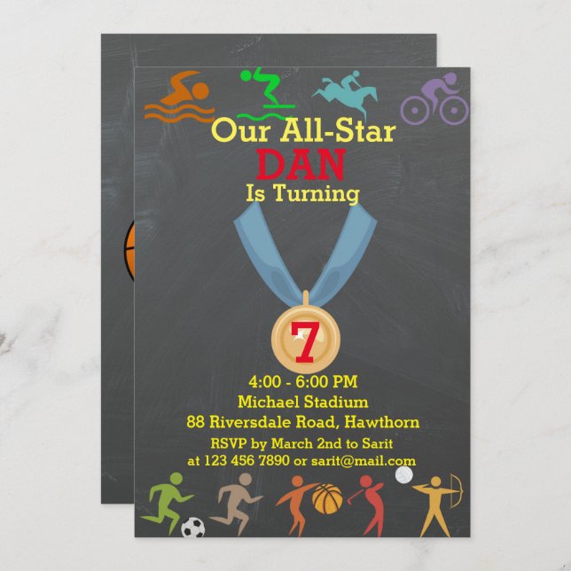 Chalkboard Sports Birthday Invitation (Front/Back)