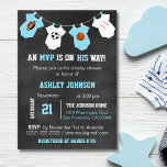 Chalkboard Sports Theme Baby Shower Invitations<br><div class="desc">Awesome and unique sports theme baby shower invitations for boys.  Football,  soccer,  basketball and baseball on chalkboard background and hanging baby jumpsuits.  Blue and white colours.  Invitation templates. Editable text. Get matching stickers!</div>