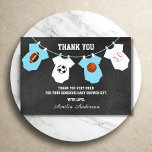 Chalkboard Sports Theme THANK YOU baby shower<br><div class="desc">Lovely thank you note cards for a sports theme baby shower. Chalkboard background with hanging baby clothes with football, soccer, basketball and baseball. Blue turquoise and white colours. BACK OF CARD is WHITE - so you can add an additional handwritten personal note! Get matching items in collection "SPORTS THEME BABY...</div>