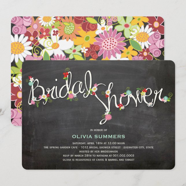 Chalkboard Spring Flowers Bridal Shower Invite (Front/Back)