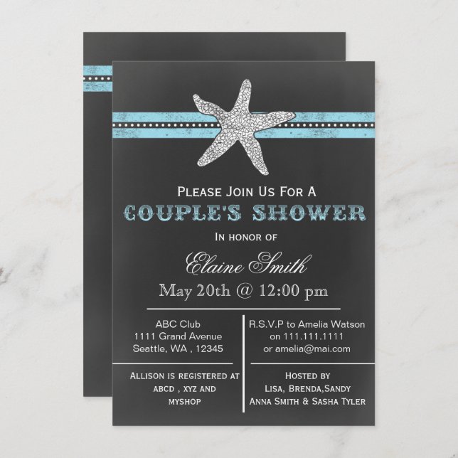 chalkboard starfish beach Couple's shower Invite (Front/Back)