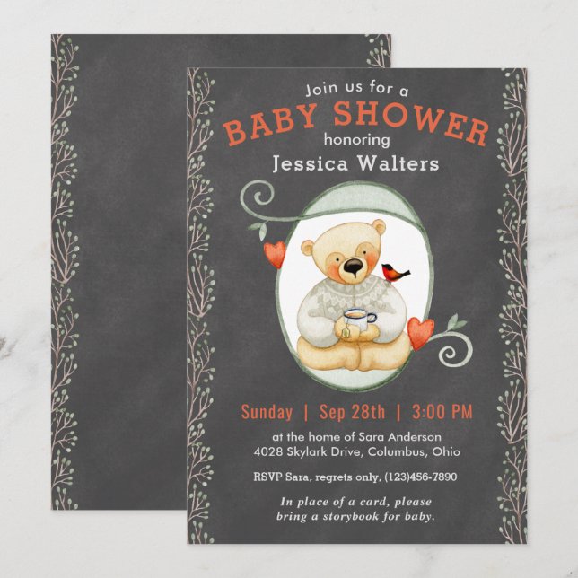 Chalkboard Story Book Teddy Bear Baby Shower Invitation (Front/Back)