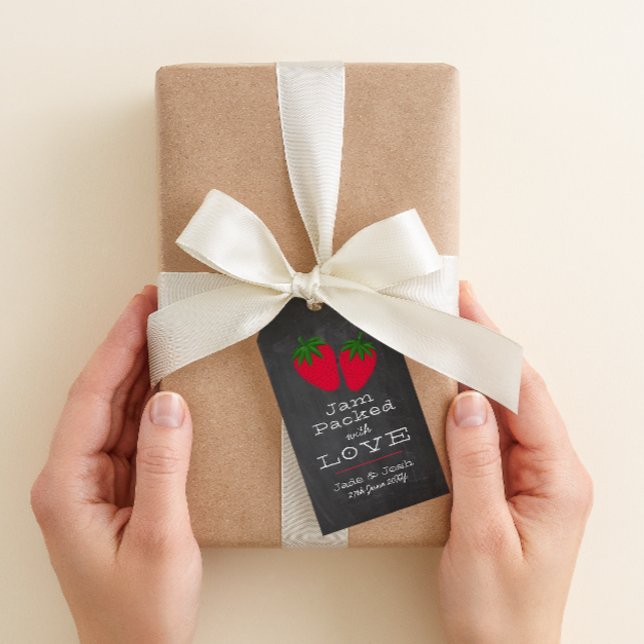 Chalkboard Strawberry Jam Favour Gift Tags (two strawberries "jam packed with love" chalkboard style wedding favor gift tag)