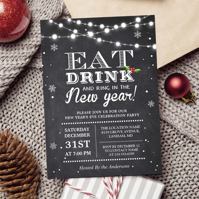 Chalkboard String Lights Ring in New Year's Party Invitation (Creator Uploaded)
