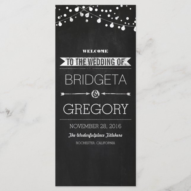 Chalkboard String Lights Wedding Programs (Front)