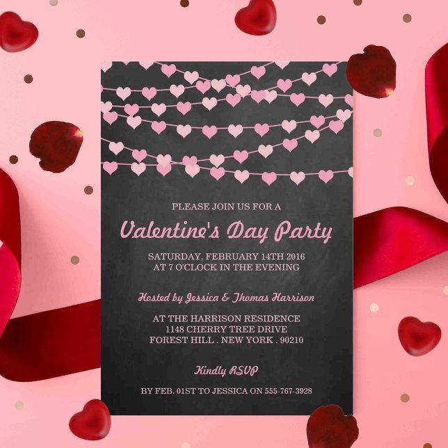 Chalkboard String Love Heart Valentine's Day Party Invitation (Creator Uploaded)