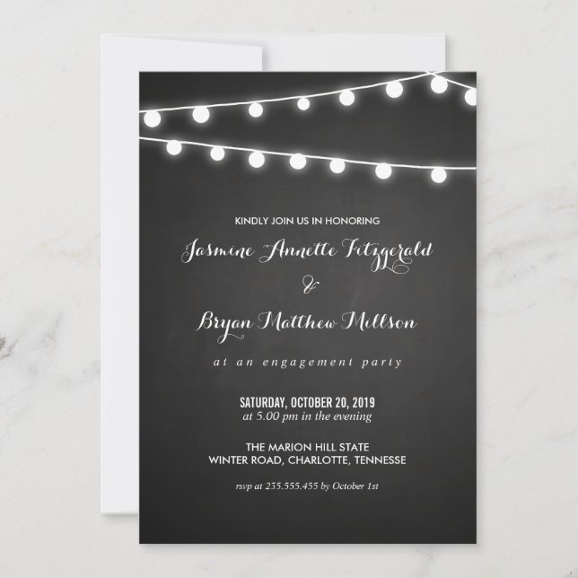 Chalkboard String Of Lights Engagement Party Invitation (Front)