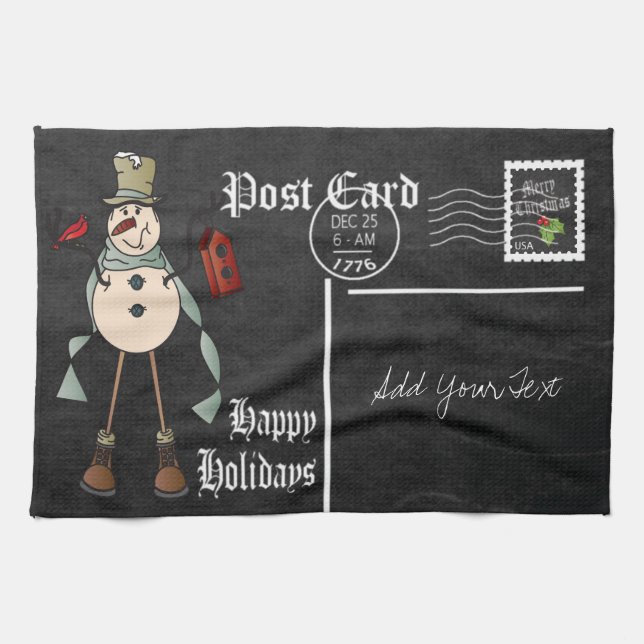 Chalkboard Style Blue Snowman Postcard Design Tea Towel (Horizontal)