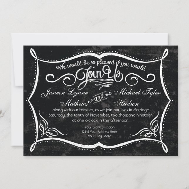 Chalkboard Style Rustic Swirl Typographic Invites (Front)