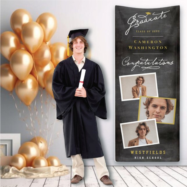 Chalkboard Stylish Script 3 Photo Graduation Party Banner (Black Chalkboard Stylish Script 3 Photo Graduation Party Banner @ www.zazzle.com/color_therapy)