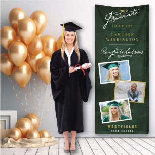 Chalkboard Stylish Script 3 Photo Graduation Party Banner