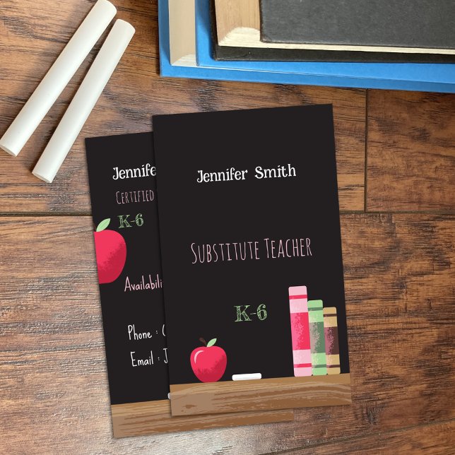 Chalkboard Sub Teacher Vertical Contact Cards  (On a desk (front and back))