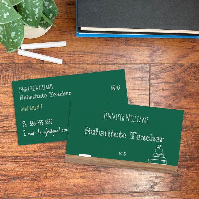 Chalkboard Substitute Teacher Business Cards (Green chalkboard substitute teacher double-sided business cards .)