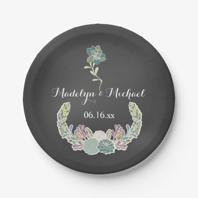 Chalkboard Succulents Custom Wedding Paper Plates (Front)