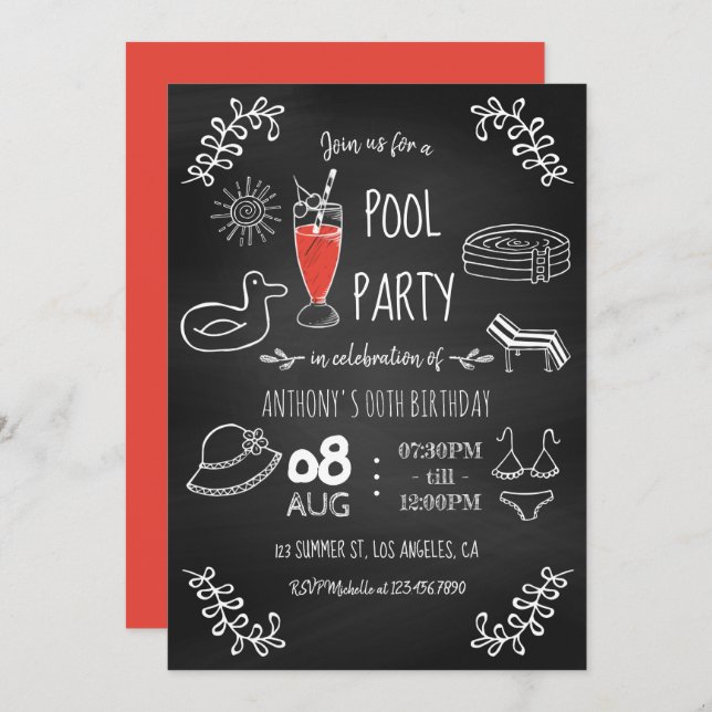 Chalkboard Summer Pool Birthday Party Invitation (Front/Back)