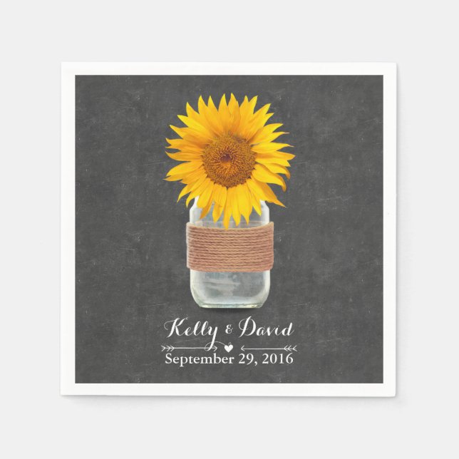 Chalkboard Sunflower & Mason Jar Rustic Wedding Napkin (Front)