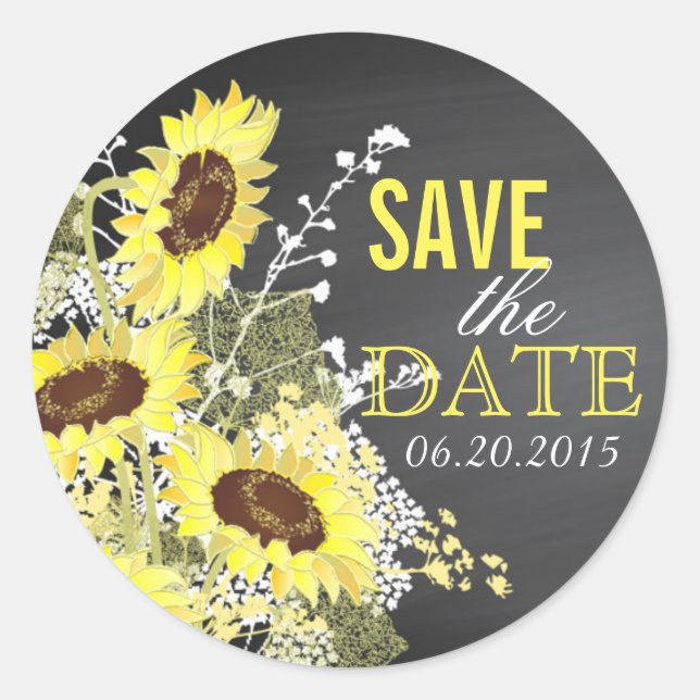 Chalkboard Sunflower Rustic Save the Date Label (Front)