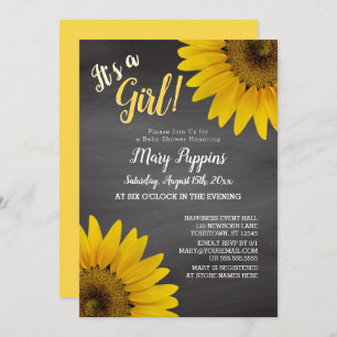 Chalkboard Sunflowers Garden Girl Baby Shower Invitation
