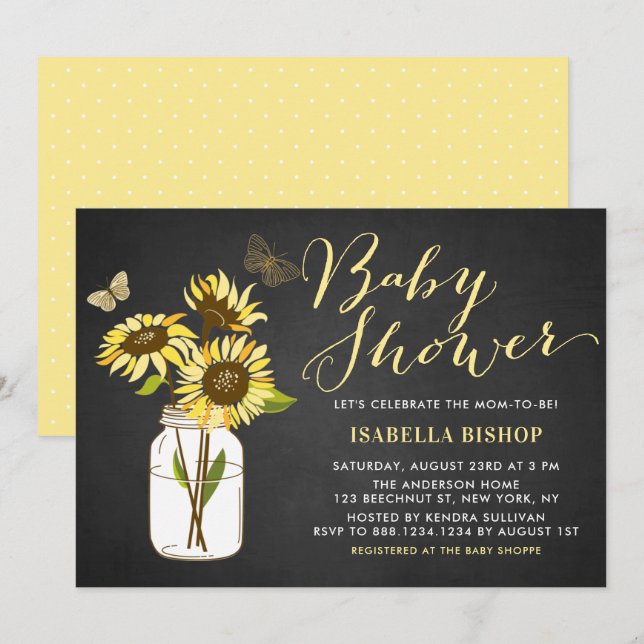 Chalkboard Sunflowers in Mason Jars Baby Shower Invitation (Front/Back)