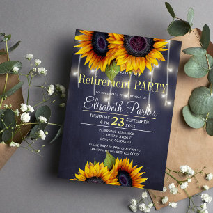 Chalkboard sunflowers rustic navy retirement party invitation