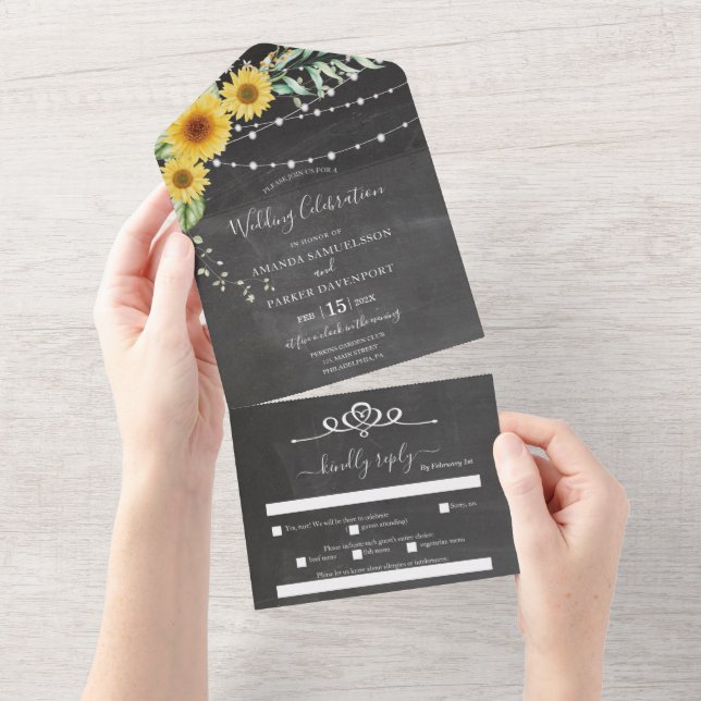 Chalkboard sunflowers string lights all in one invitation (Tearaway)