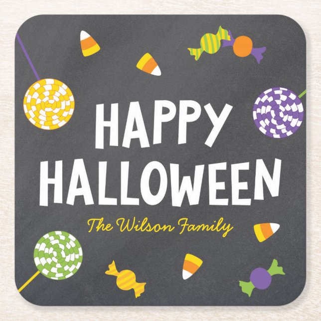 Chalkboard Sweet Candy Treats Happy Halloween Square Paper Coaster (Front)