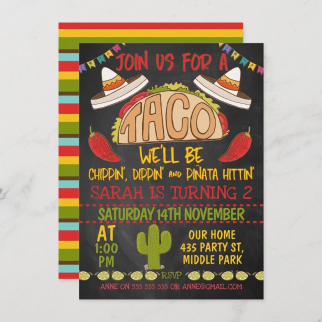 Chalkboard Taco Twosday 2nd Birthday Invitation (Front/Back)