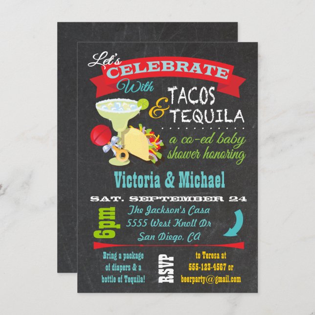 Chalkboard Tacos and Tequila Co-ed Baby Shower Invitation (Front/Back)
