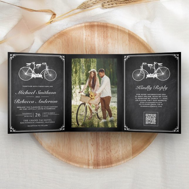 Chalkboard Tandem Bicycle Photo QR Code Wedding Tri-Fold Invitation (Creator Uploaded)