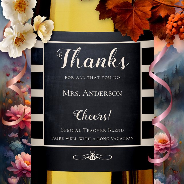 Chalkboard Teacher Thank You Wine Label (Elegant teacher Thank You wine label featuring a chalkboard or blackboard design with stripes)