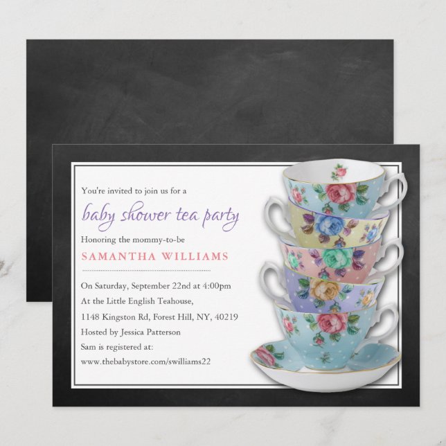 Chalkboard Teacups Baby Shower Tea Party Invitation (Front/Back)
