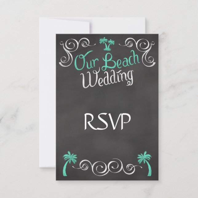 Chalkboard Teal Beach Wedding Matching RSVP Reply Card (Front)