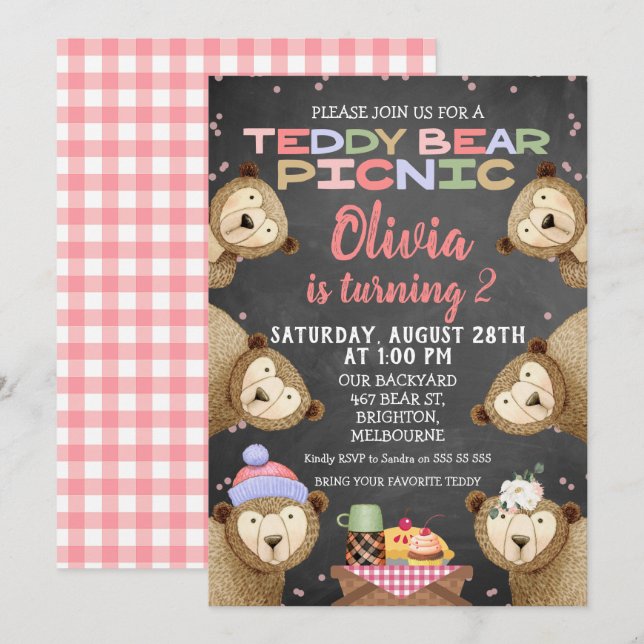 Chalkboard Teddy Bear Picnic Birthday Invitation (Front/Back)