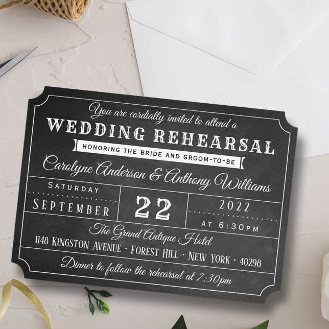 Chalkboard Ticket Wedding Rehearsal Dinner Invitation (Creator Uploaded)