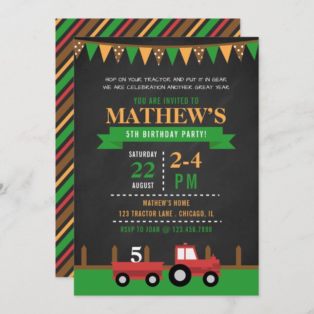 Chalkboard Tractor/Farm Birthday Party Invitation (Front/Back)