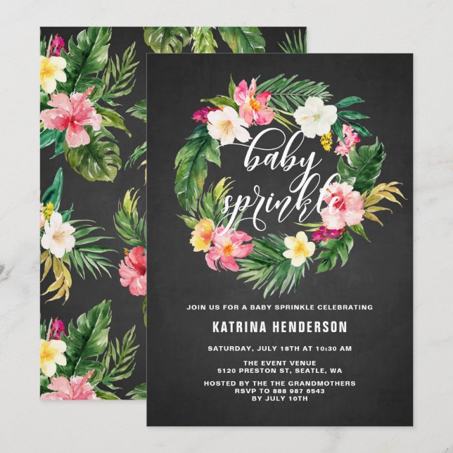 Chalkboard Tropical Flowers Wreath Baby Sprinkle Invitation (Front/Back)