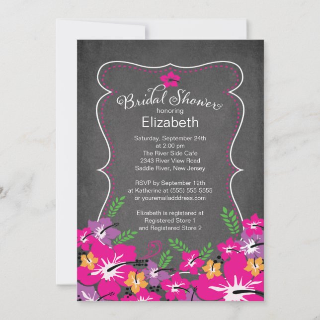 Chalkboard Tropical Hibiscus Flowers Bridal Shower Invitation (Front)