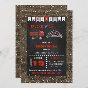 Chalkboard Trucks or Tiaras Red Grey Gender Reveal Invitation