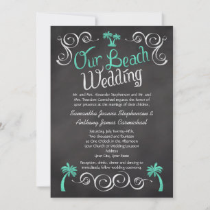 Chalkboard Turquoise Palm Tree Beach Wedding Invitation