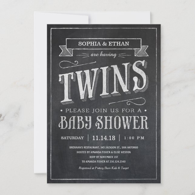 Chalkboard Twin Baby Shower Invitations (Front)