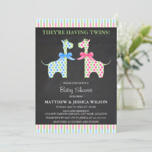 Chalkboard Twin Boy and Girl Giraffe Baby Shower Invitation