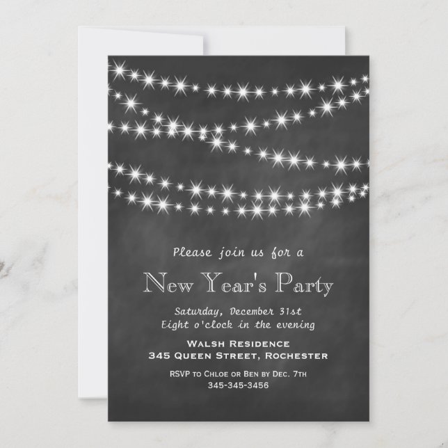 Chalkboard Twinkle Lights New Year's Invitation (Front)