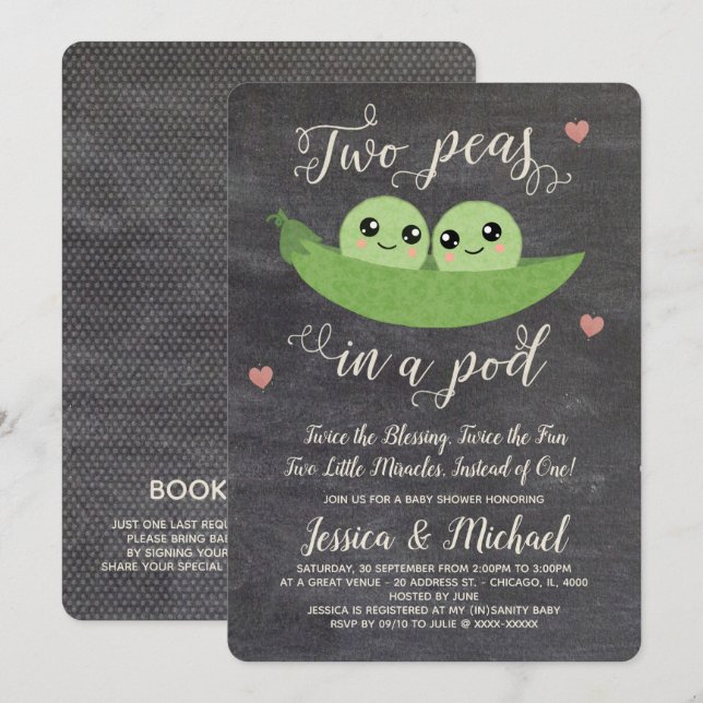 Chalkboard Two Peas In A Pod Twins Baby Shower Invitation (Front/Back)