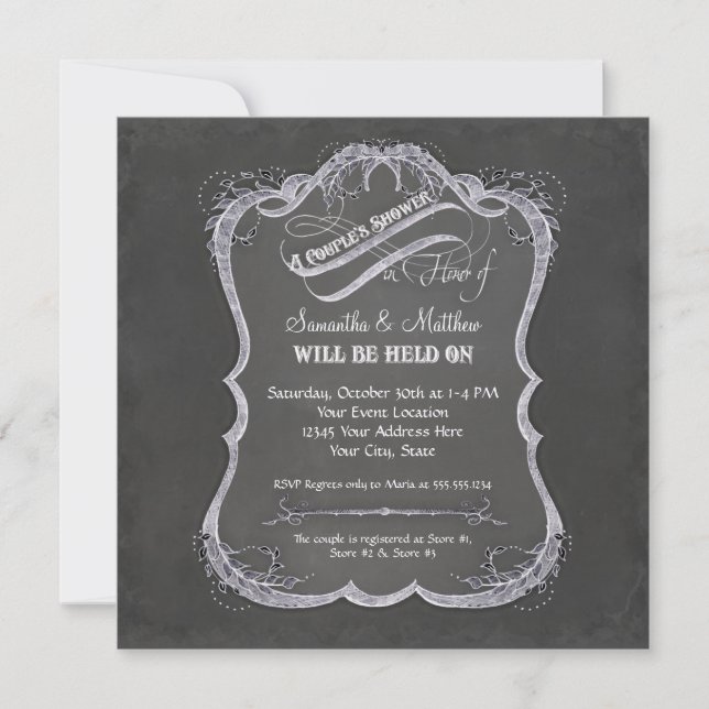 Chalkboard Typographic Leaf Swirl Rustic Wedding Invitation (Front)