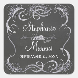 Chalkboard Typographic Leaf Swirl Rustic Wedding Square Sticker