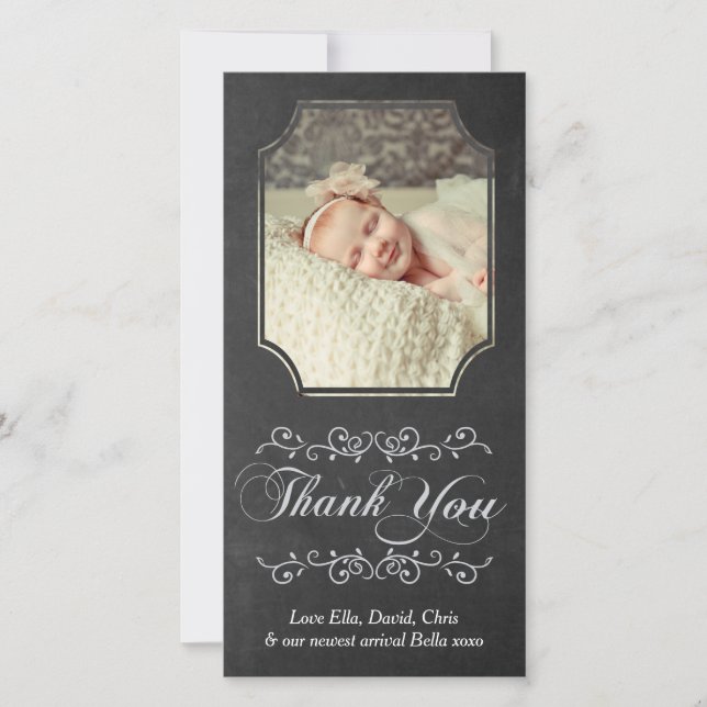 Chalkboard Typography Baby Thank You Photo Card (Front)