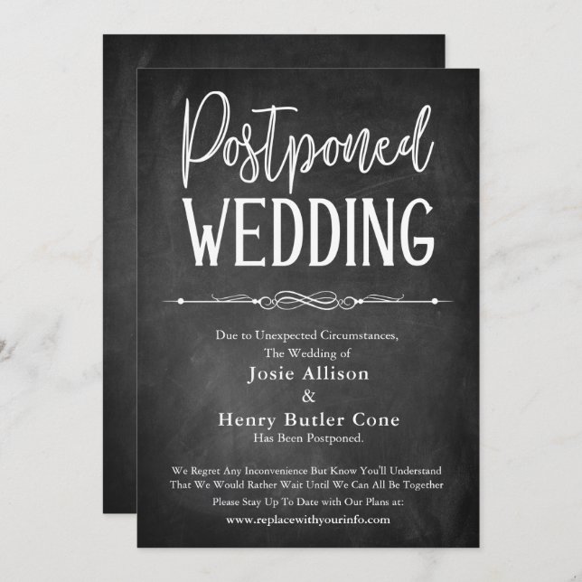 Chalkboard Typography Postponed Wedding Card (Front/Back)