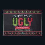 Chalkboard Ugly Christmas Sweater Nordic Knit Fun Doormat<br><div class="desc">“Welcome to our ugly sweater Christmas.” Decorate your entryway in “style” with this unique, fun custom personalised name holiday welcome mat! Nordic knit fair isle pattern of whimsical trees, reindeer, ornaments, along with playful “sweater” typography in red, green and aqua blue, overlay a chalkboard background. Add your family name or...</div>